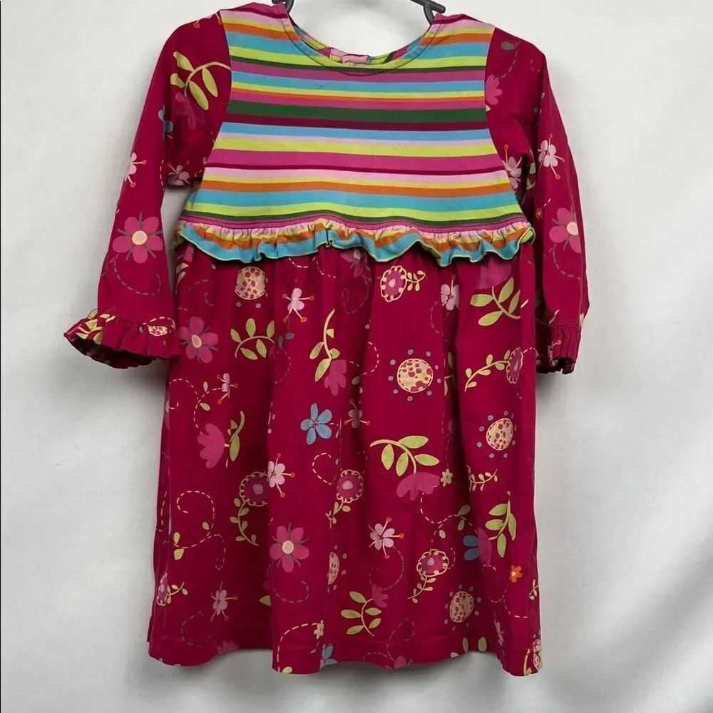Hanna Andersson Fuchsia floral and stripe long sleeve cotton dress size 90 3T